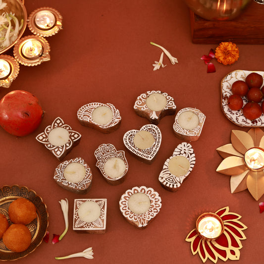 Handblock Wooden Candle Holders – Set of 10