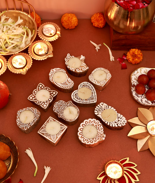 Handblock Wooden Candle Holders – Set of 10