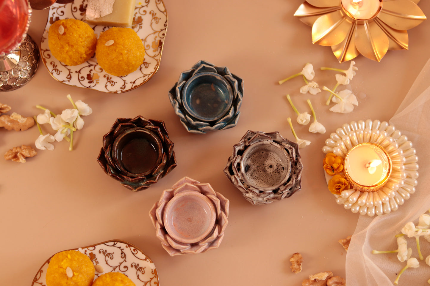 Studio Pottery Lotus Petal diya/Tea Light Holder (Set of 4)