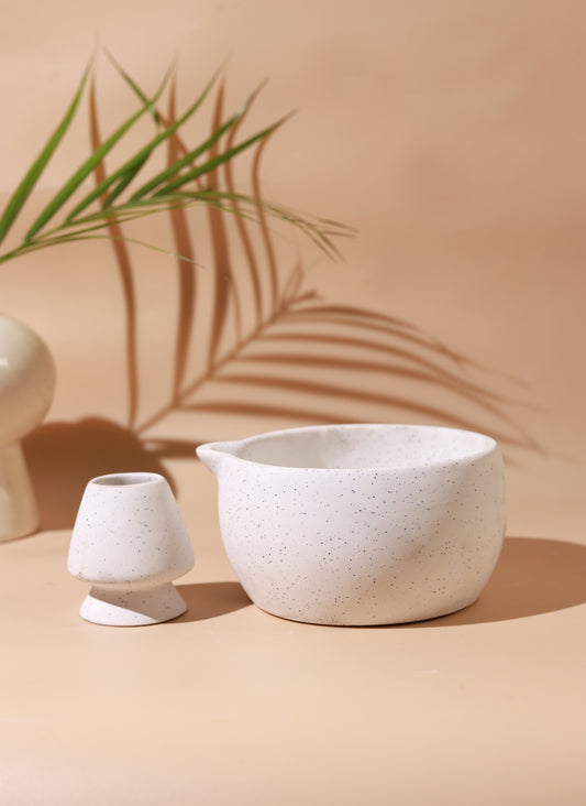 Solid White Matcha Bowl & Whisk Holder Set