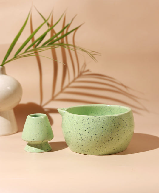 Solid Green Matcha Bowl & Whisk Holder Set