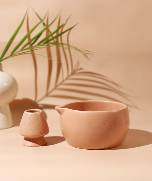 Solid Brown Matcha Bowl & Whisk Holder Set