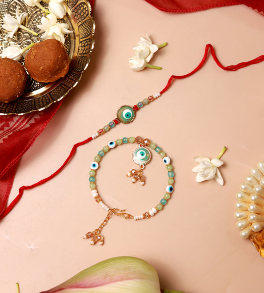 Evil Eye Rakhi Set for Bhaiya and Bhabhi (Aqua)
