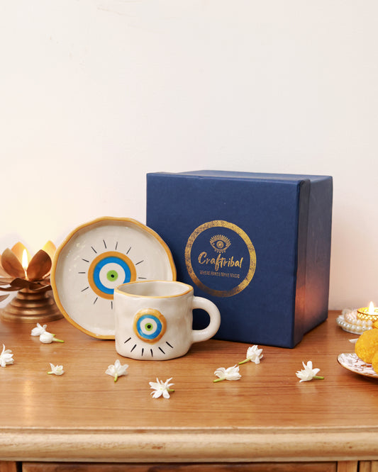 Evil Eye Mug and Dessert Plate Rakhi Hamper