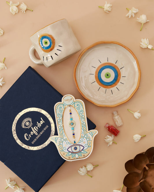 Evil Eye Mug and Dessert Plate Rakhi Hamper
