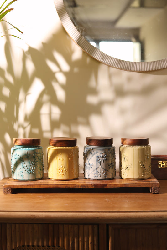 Hand Embossed Airtight Jars with wooden lid (Combo of 4)