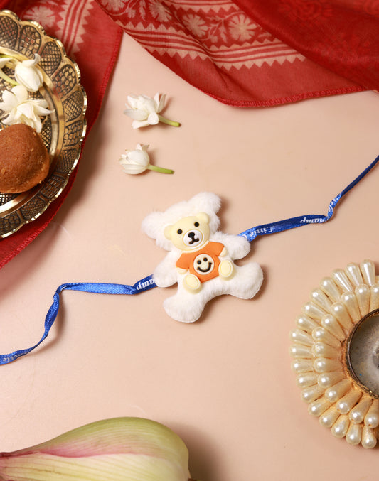 Teddy Bear Kids Rakhi (White-Orange)