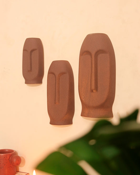 Brown Abstract Face Wall Mask (Set of 3)