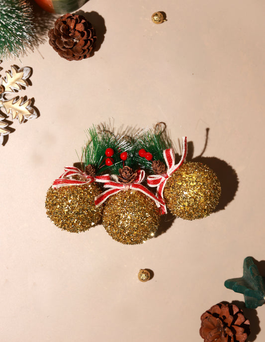 Golden Christmas Round Glitter ball Ornaments (Pack of 3)
