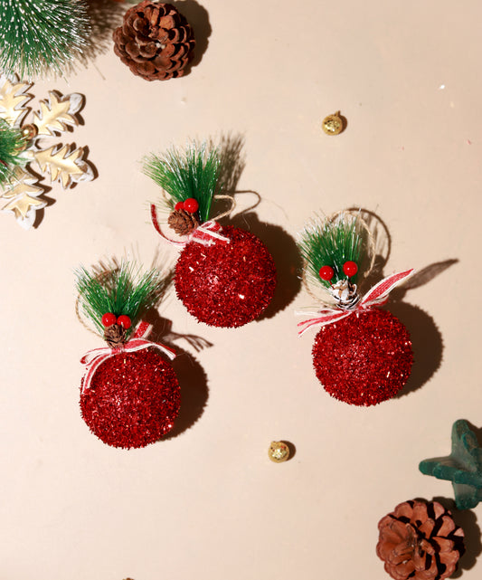 Red Christmas Round Glitter ball Ornaments (Pack of 3)