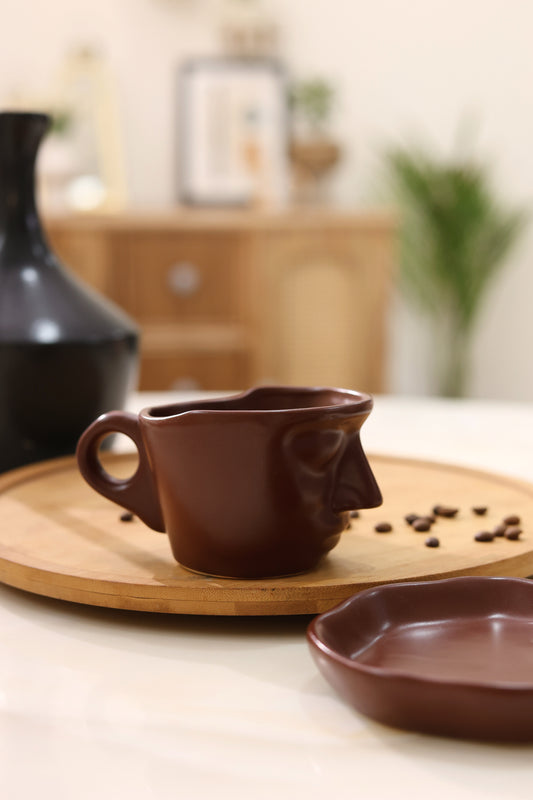 Abstract Face Cup and Saucer- Brown