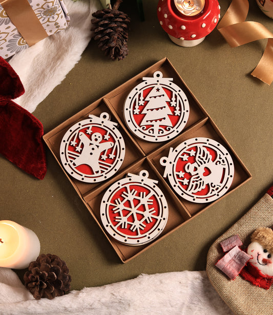 Wooden Engraved Reound Christmas Ornaments (Pack of 8)