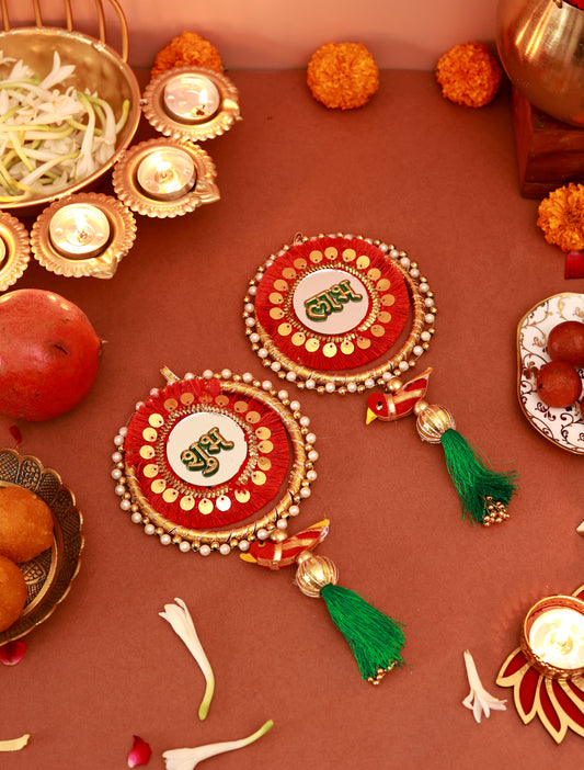 Handmade Red 'SHUBH-LABH' Festive Wall Hanging (set of 2)