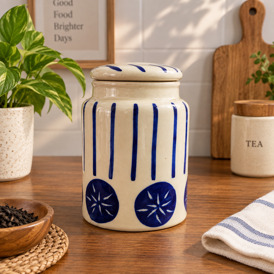 Blue Bloom Ceramic Jar with Lid (Medium)
