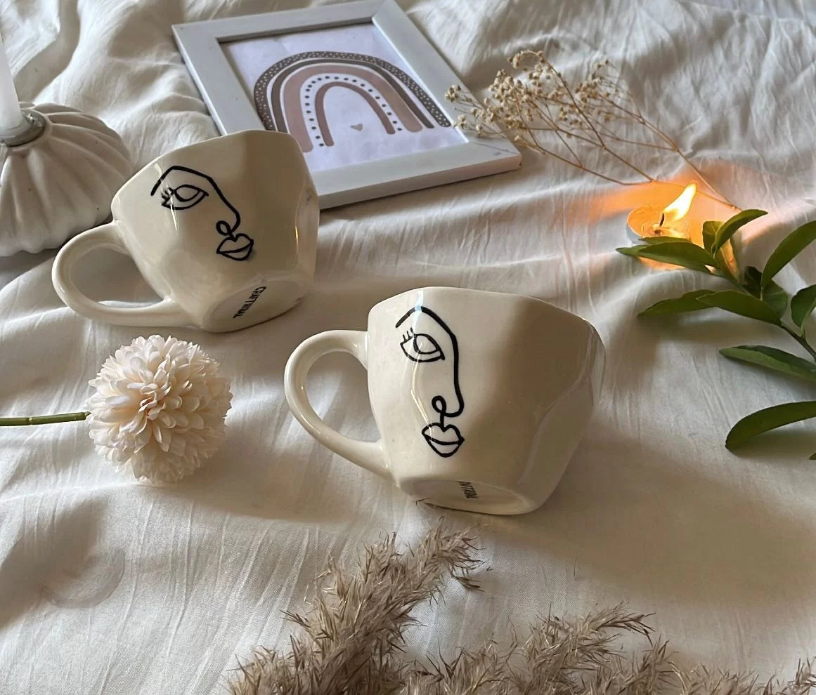 Hand Painted Bohemian Cups- Face Line Art