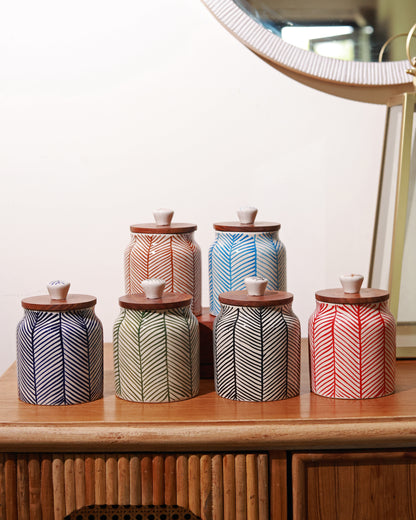 Hand Painted Chevron Airtight Jars with wooden lid (Combo of 6)