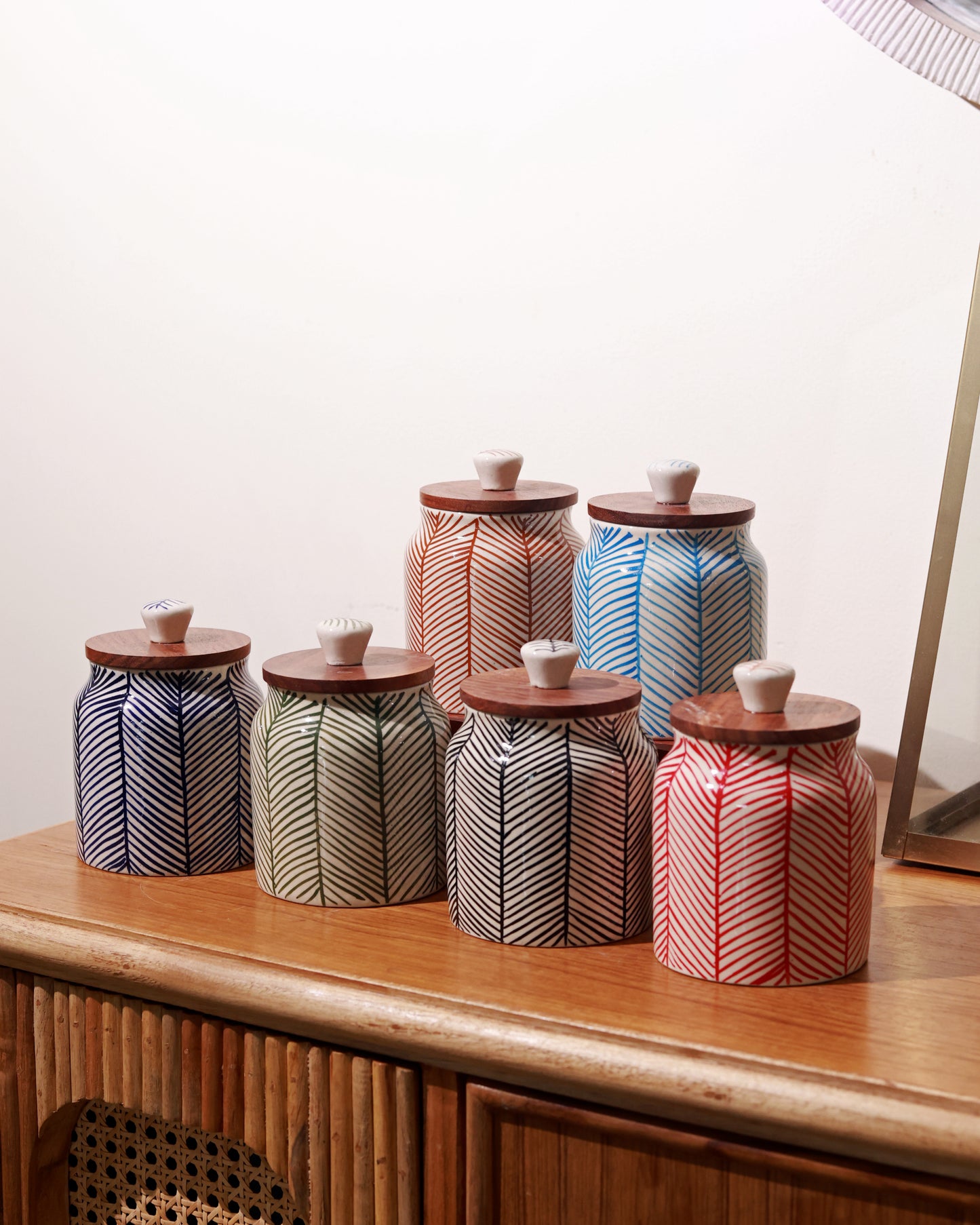 Hand Painted Chevron Airtight Jars with wooden lid (Combo of 6)