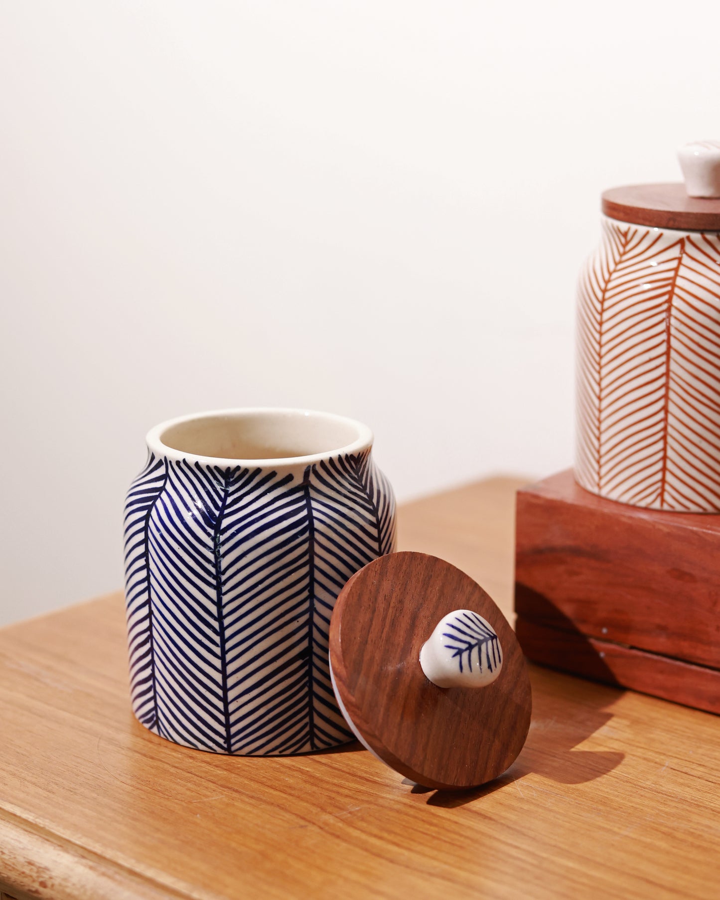 Hand Painted Chevron Airtight Jar with wooden lid (Dark Blue)