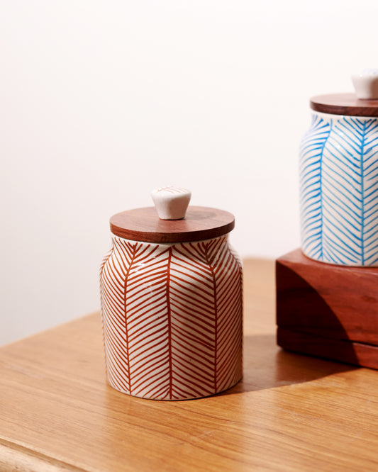 Hand Painted Chevron Airtight Jar with wooden lid (Brown)