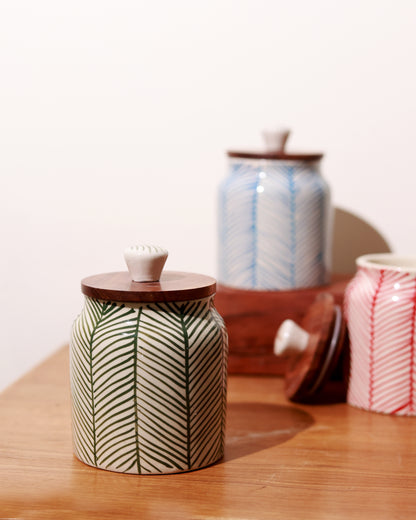 Hand Painted Chevron Airtight Jar with wooden lid (Green)