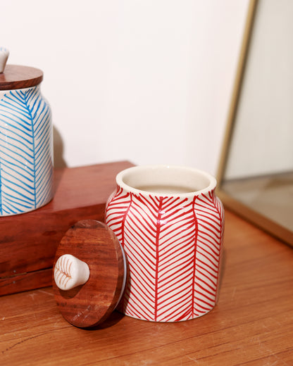 Hand Painted Chevron Airtight Jar with wooden lid (Red)