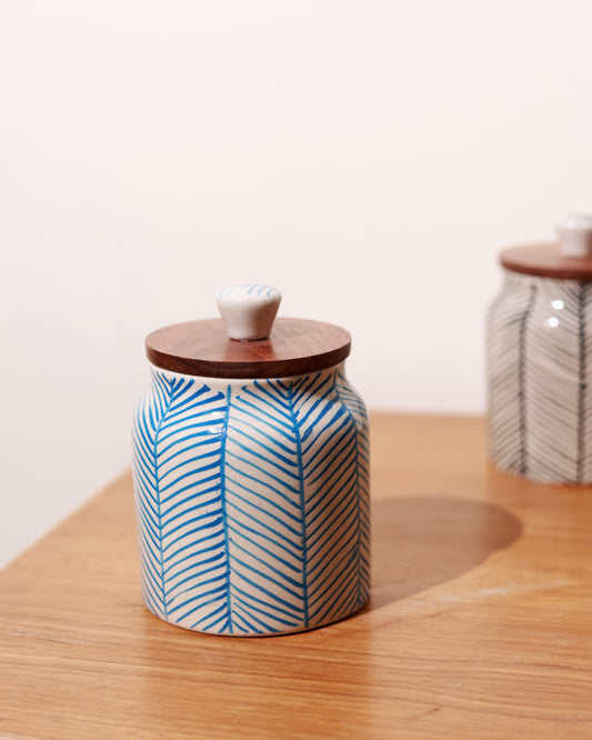 Hand Painted Chevron Airtight Jar with wooden lid (Sky Blue)