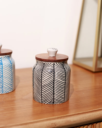 Hand Painted Chevron Airtight Jar with wooden lid (Black)