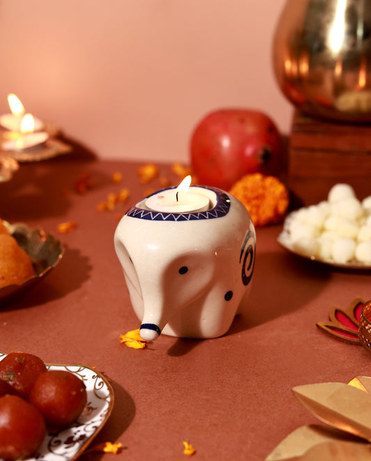 Handpainted Blue Pottery Elephant T-Light Candle Holder