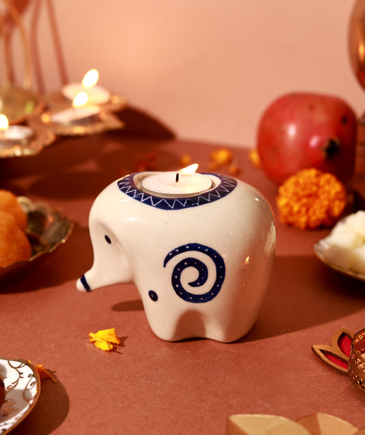 Handpainted Blue Pottery Elephant T-Light Candle Holder