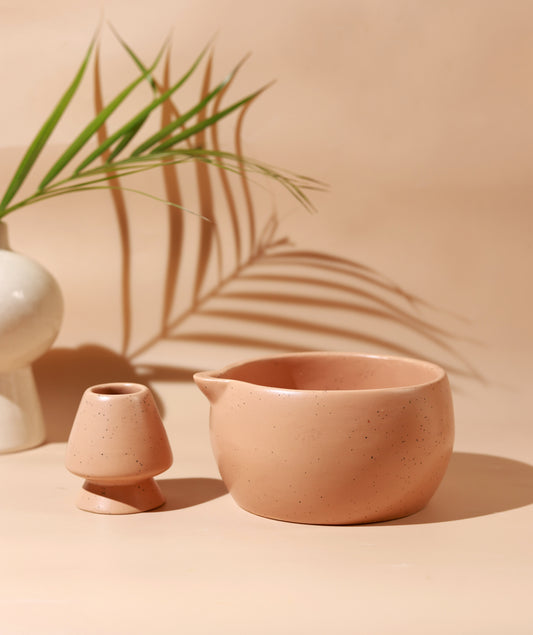 Solid Brown Matcha Bowl & Whisk Holder Set