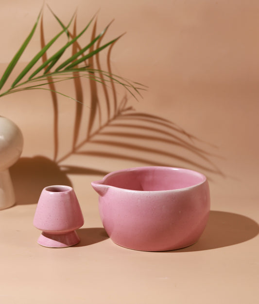 Solid Pink Matcha Bowl & Whisk Holder Set