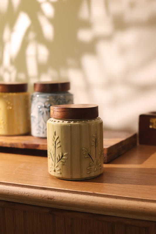 Hand Embossed Airtight Jar with wooden lid (Green)