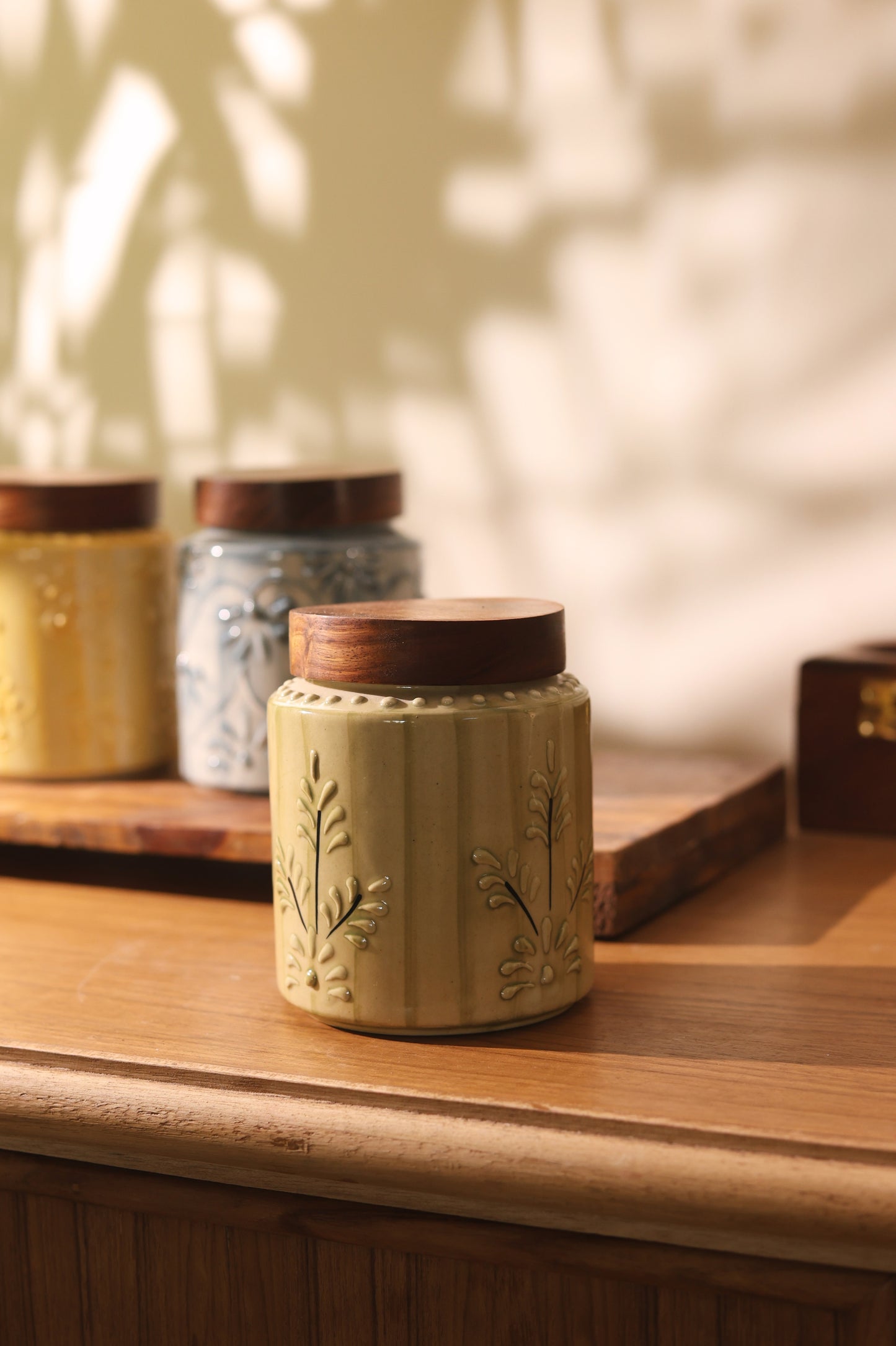 Hand Embossed Airtight Jars with wooden lid (Combo of 4)