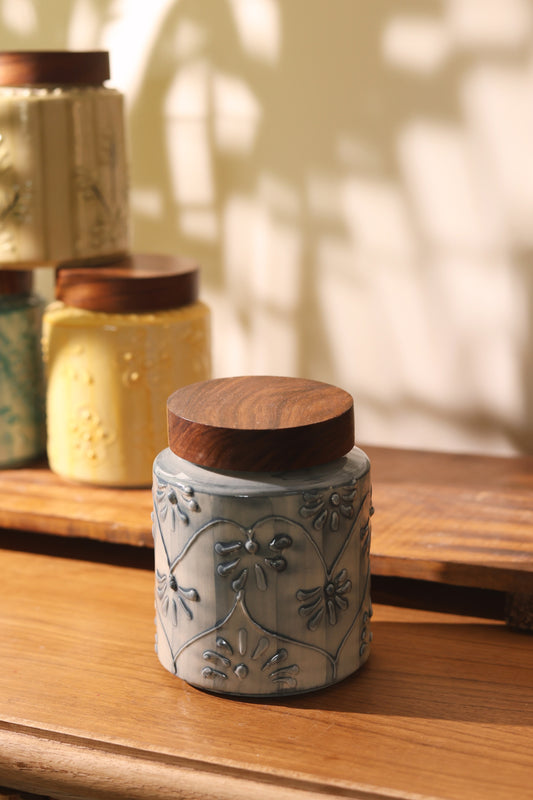 Hand Embossed Airtight Jar with wooden lid (Grey)