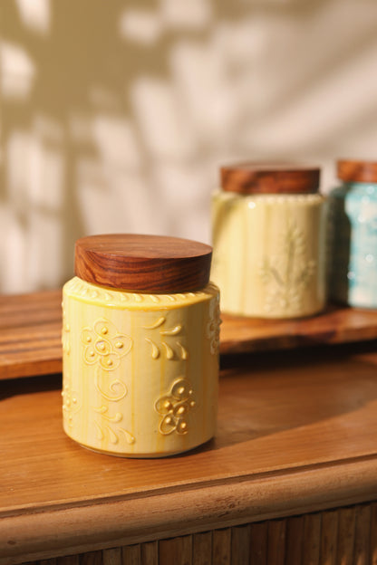Hand Embossed Airtight Jars with wooden lid (Combo of 4)