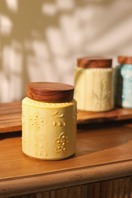 Hand Embossed Airtight Jar with wooden lid (Yellow)