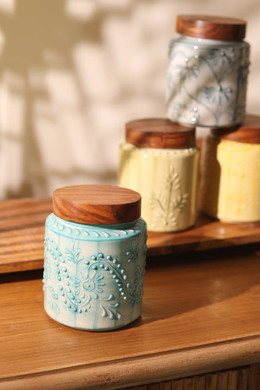 Hand Embossed Airtight Jar with wooden lid (Blue)