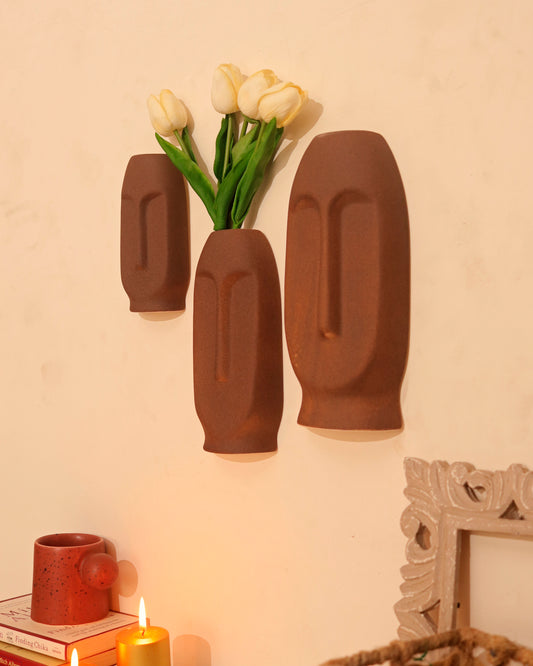 Brown Abstract Face Wall Mask (Set of 3)