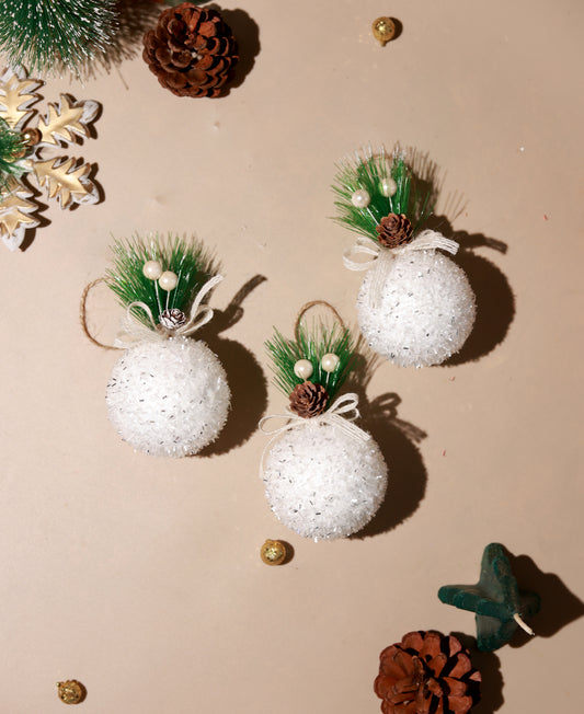 White Christmas Round Glitter ball Ornaments (Pack of 3)