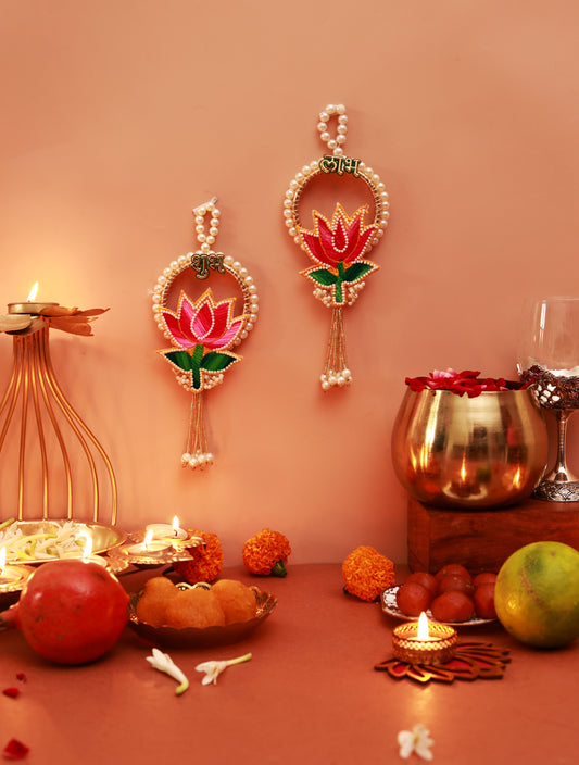 Handmade Lotus 'SHUBH-LABH' Festive Wall Hanging (set of 2)