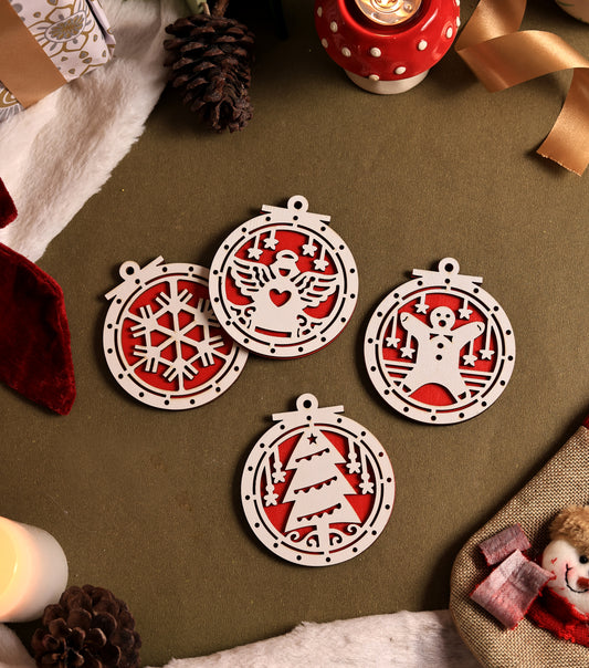 Wooden Engraved Reound Christmas Ornaments (Pack of 8)