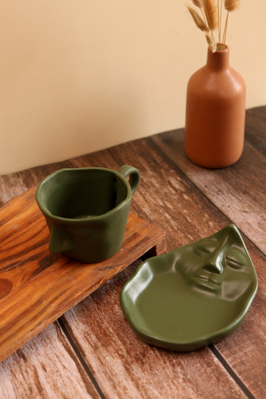 Abstract Face Cup and Saucer- Green