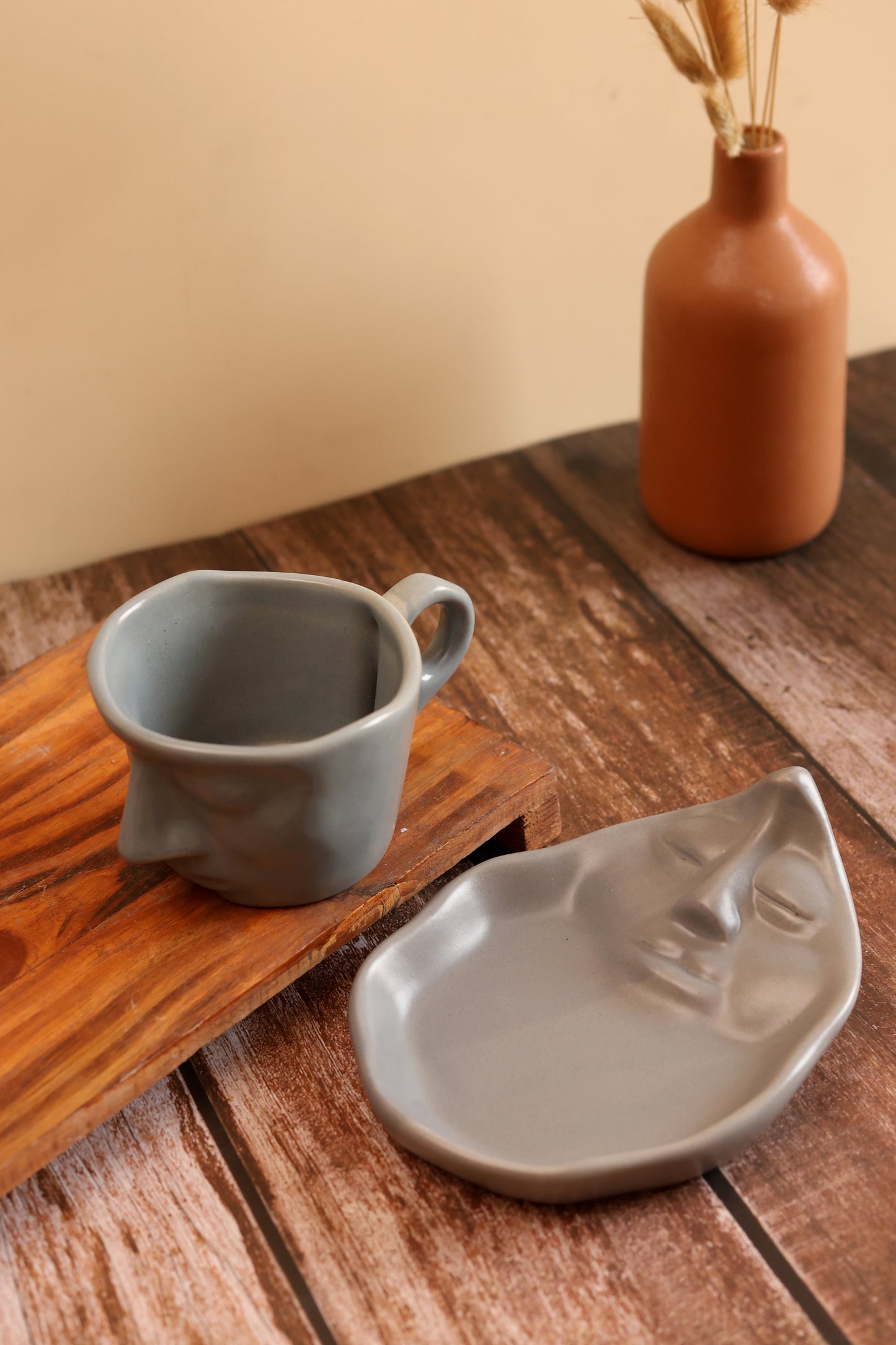 Abstract Face Cup and Saucer- Grey