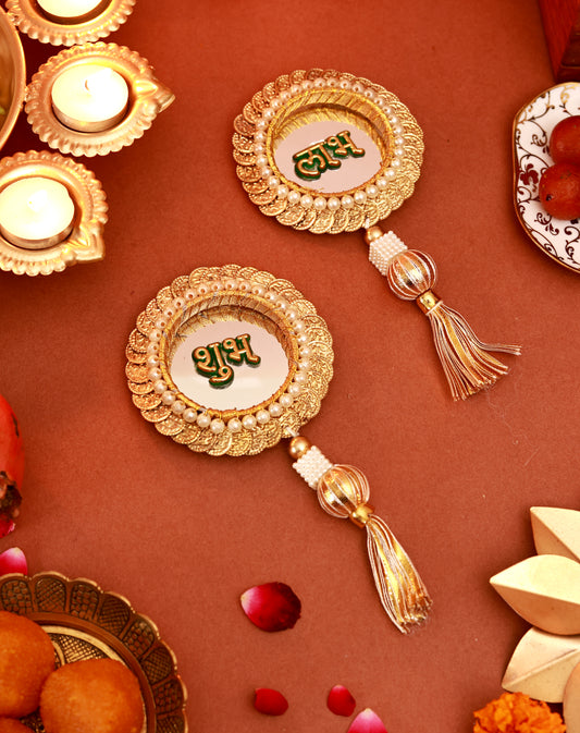 Handmade Golden 'SHUBH-LABH' Festive Wall Hanging (set of 2)