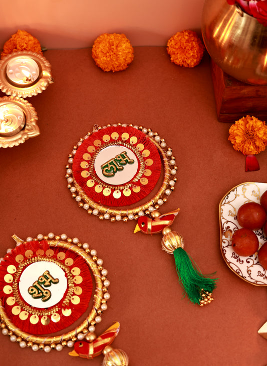 Handmade Red 'SHUBH-LABH' Festive Wall Hanging (set of 2)