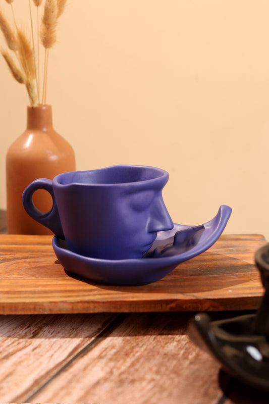 Abstract Face Cup and Saucer- Blue