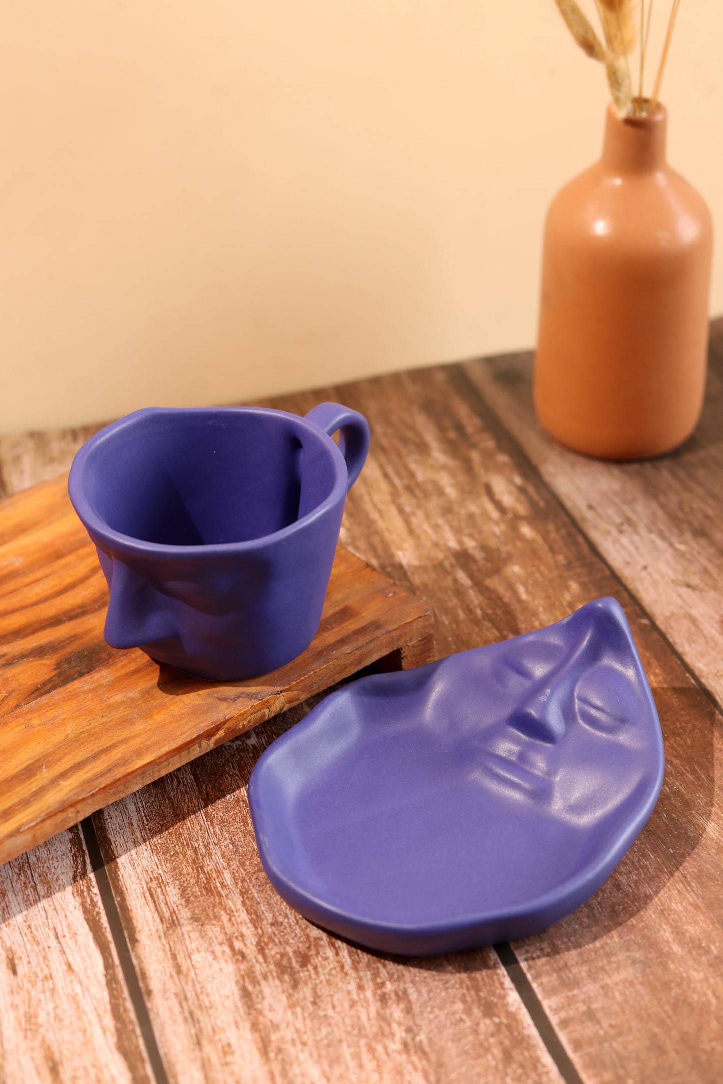 Abstract Face Cup and Saucer- Blue