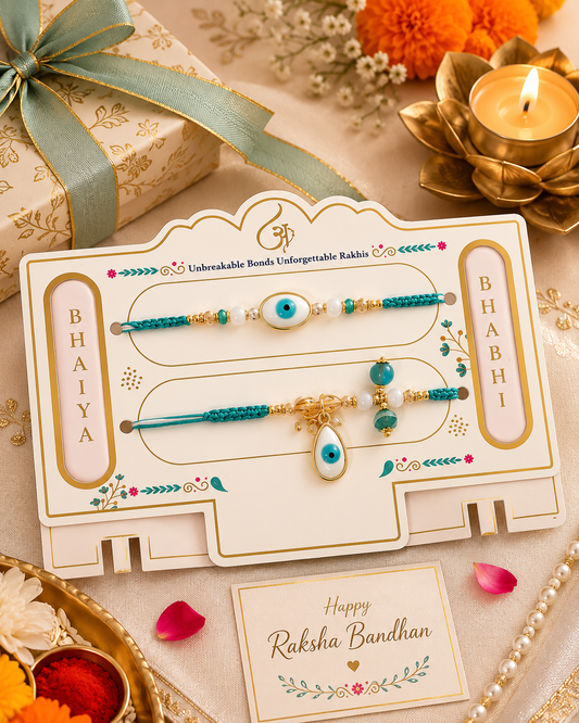 Evil Eye Rakhi Set for Bhaiya and Bhabhi (Aqua)