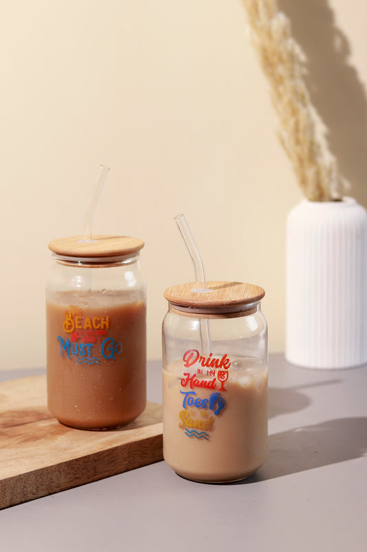 Glass Coffee Tumblers/Sipper with Bamboo Lid and Straw