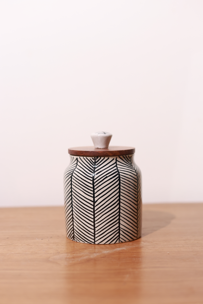 Hand Painted Chevron Airtight Jar with wooden lid (Black)